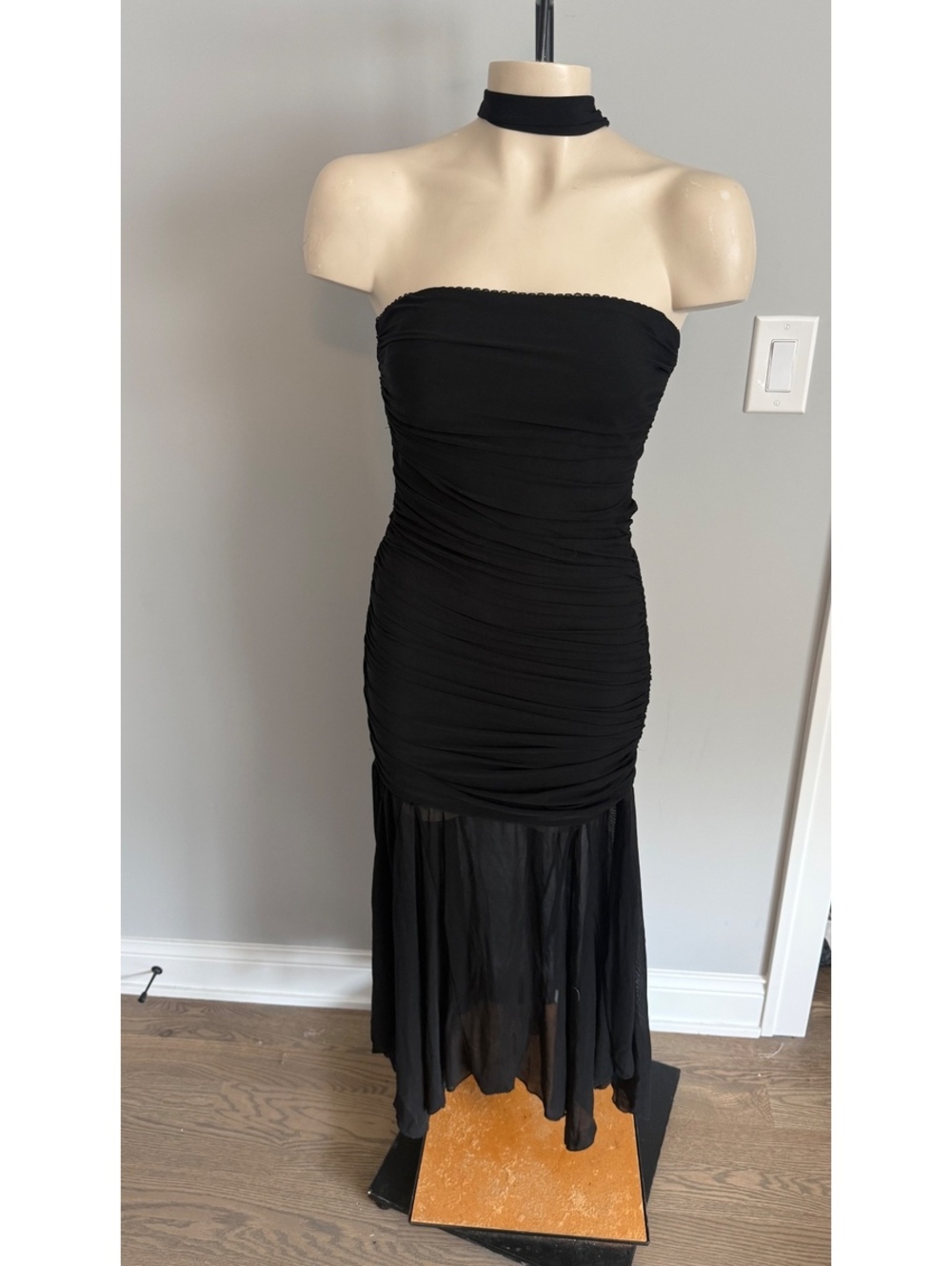All in Favor Black Strapless Ruched Dress with Sheer Hem